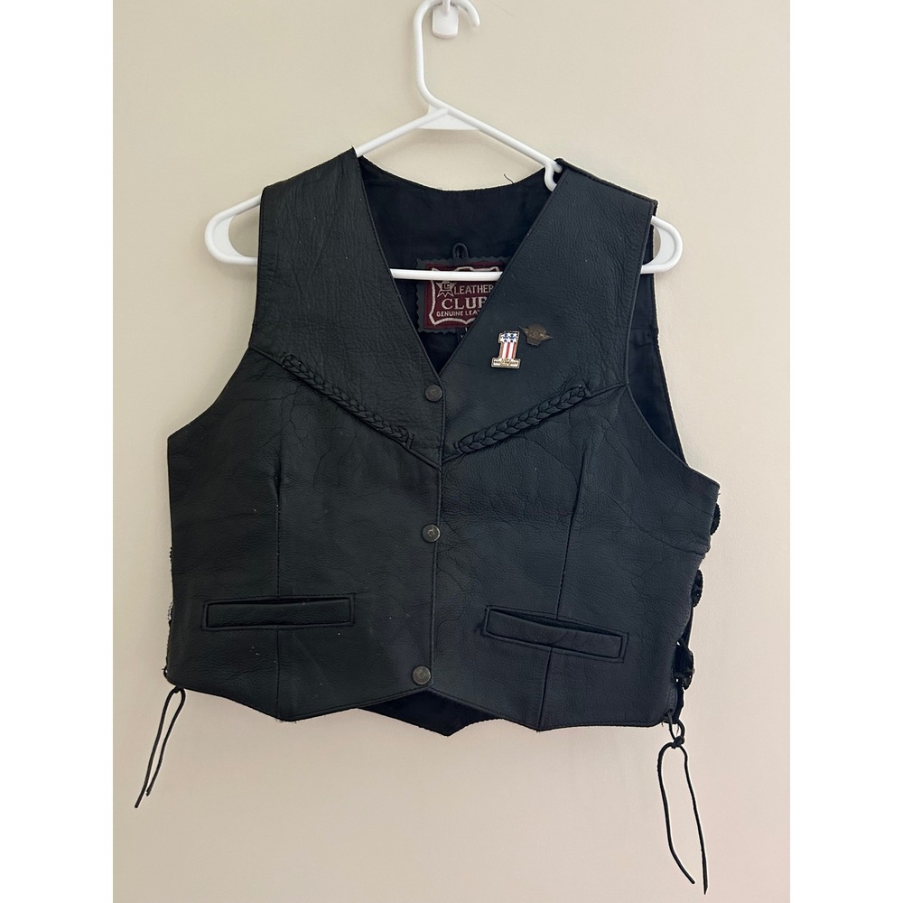 Leather Club Black Genuine Leather Biker Vest Large Side Lace Harley Pins